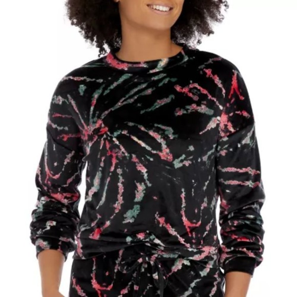 Women's love, Fire Junior Long Sleeve Black Tie‎ Dye Velour Sweatshirt XS